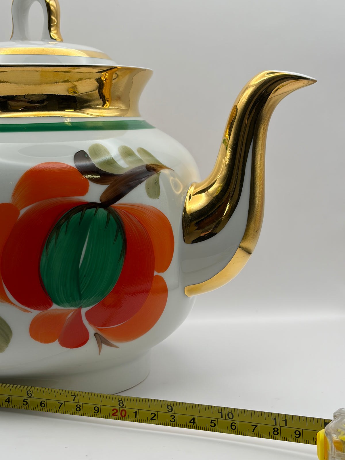Porcelain Floral Teapot w/ Lid Gold Trim Round Handles Painted Backstamp 7 in