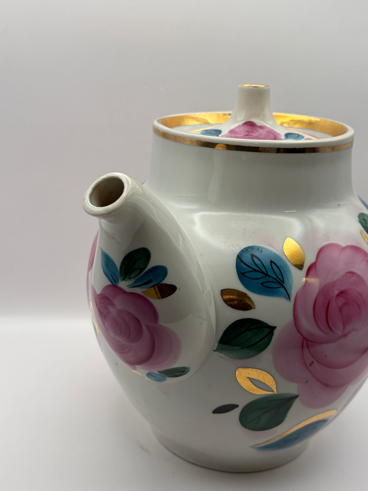 Ceramic Tea Pot Floral Rose White Pink Purple Gold Trim Lid Handle 4 Cup