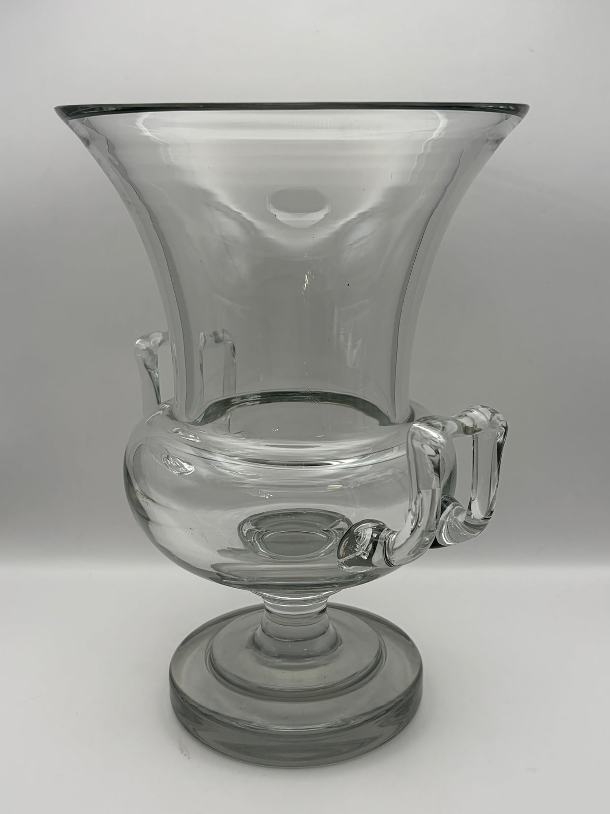 Clear Glass Pedestal Vase With Side Handles Flared Rim 11 in