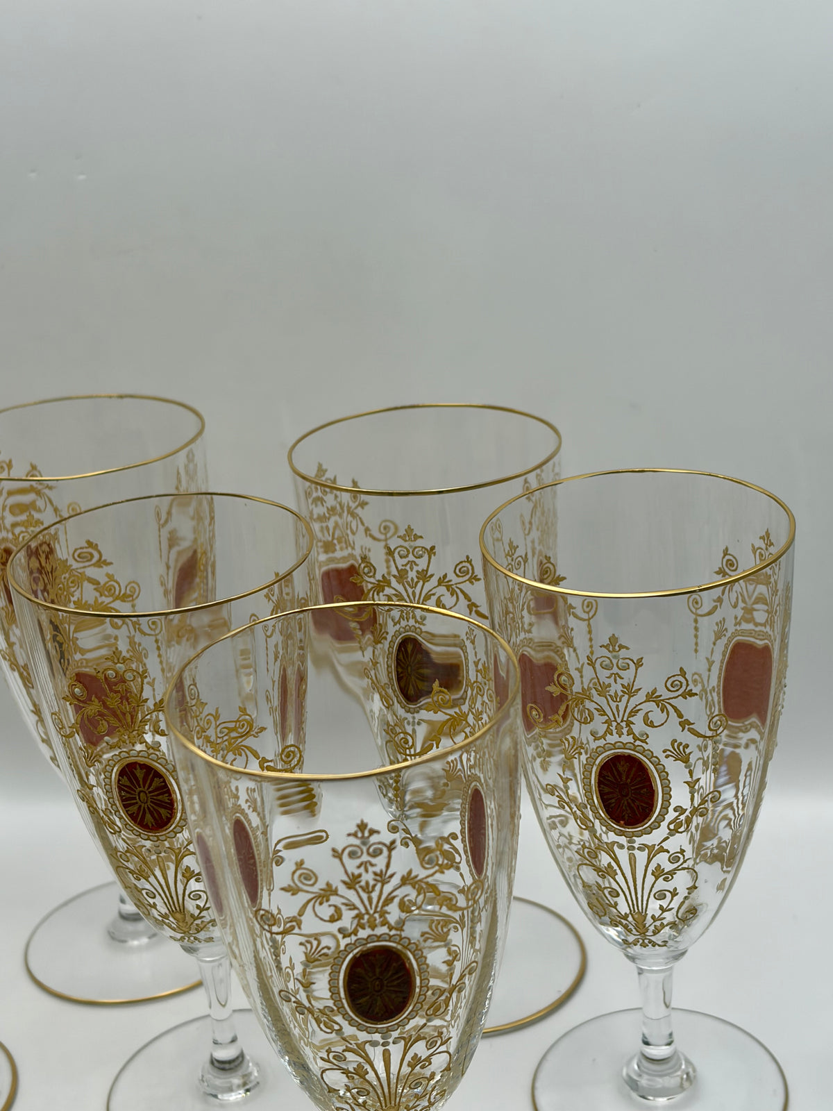 Bohemian Set of 9 Stemmed Wine Glasses Clear Gold Rim Floral Scroll Red Medallion